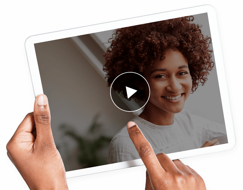 Hands holding ipad with photo of woman on screen